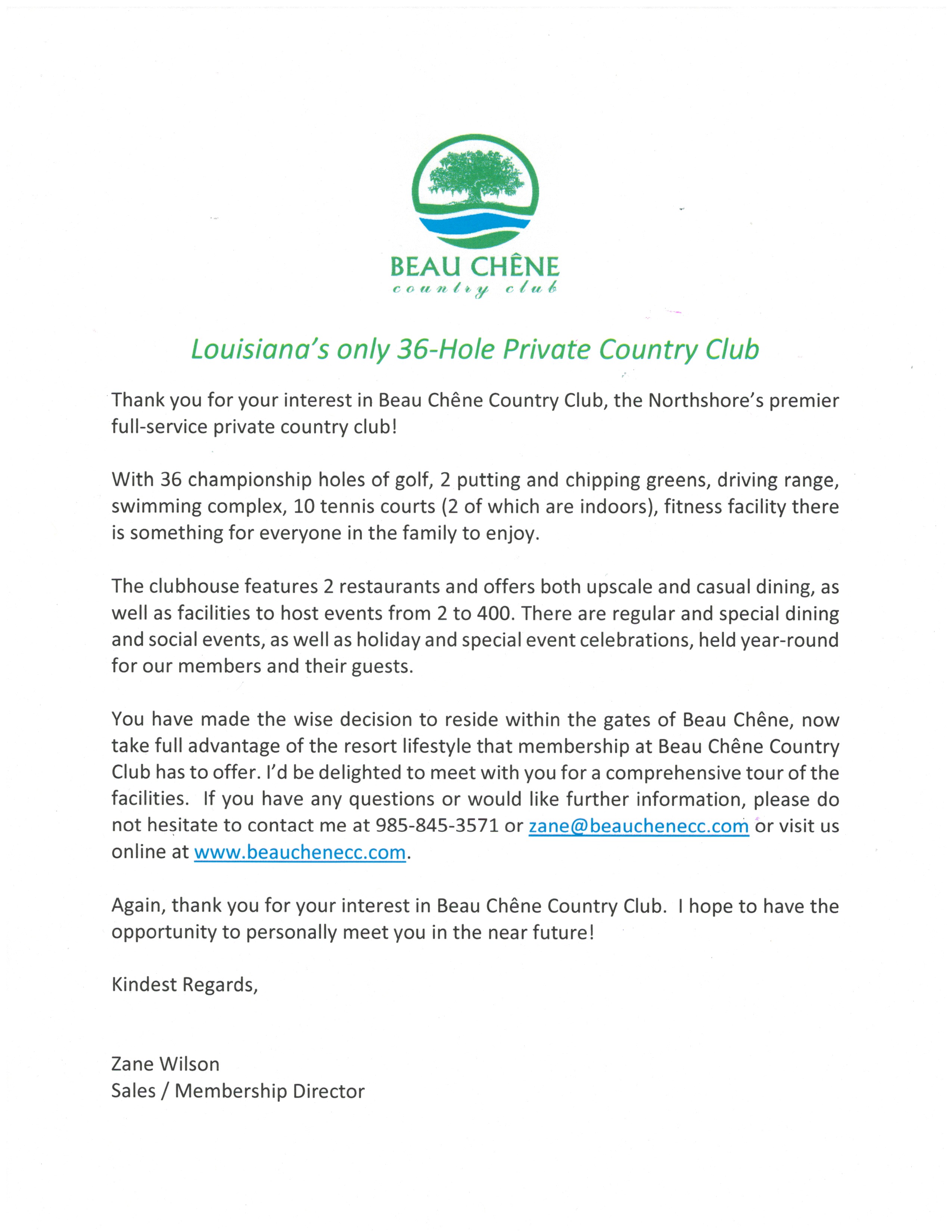 Club Welcome Letter Beau Ch ne Homeowners Association Mandeville 